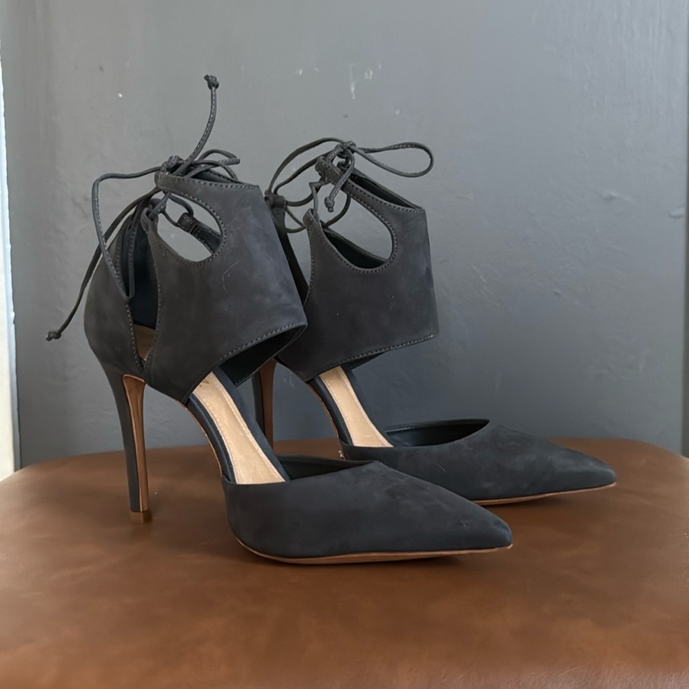 Schutz slate gray heels with lace up details on ankle. New in box!